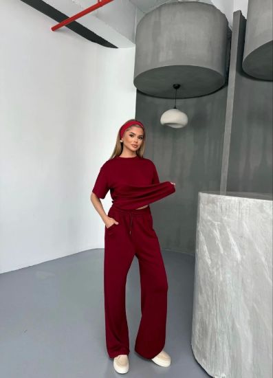 Osy Modal Yumuşak Dokulu Kumaş   Kısa Kollu Bluz Rahat Pantalon Ikili Takım- Bordo resmi